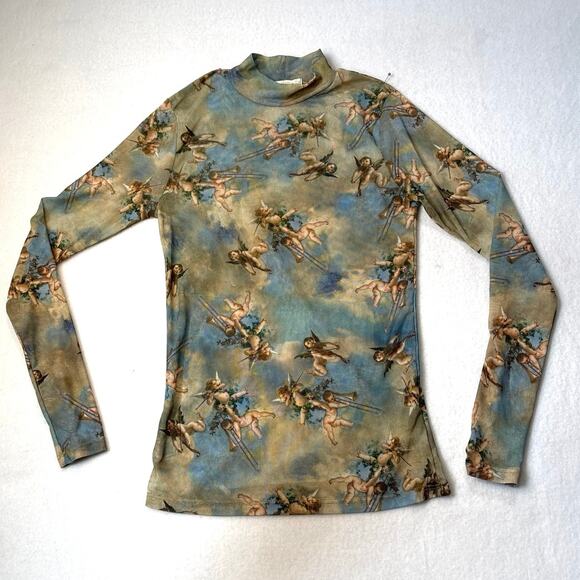 Sweet Lilac Mesh Shirt Women's Cherub Angel Cloud Print Y2K Sz Medium Whimsigoth - Picture 2 of 8